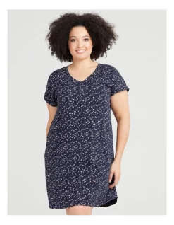 Promo ✨ Taking Shape V-neck Cuff Nightie In Navy Pink Stars 🔔