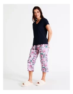 Outlet ⭐ Soho Organic Cotton Knit V-Neck 3/4 PJ Set In Floral/ Navy 🔔 -sleepwear-robes Sales unnamed file 163