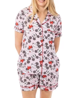Cheap ⭐ Mickey Mouse 👩 Women's Micky Mouse Woven Short Sleeve Sleep Set In Pink ⌛ -sleepwear-robes Sales unnamed file 275